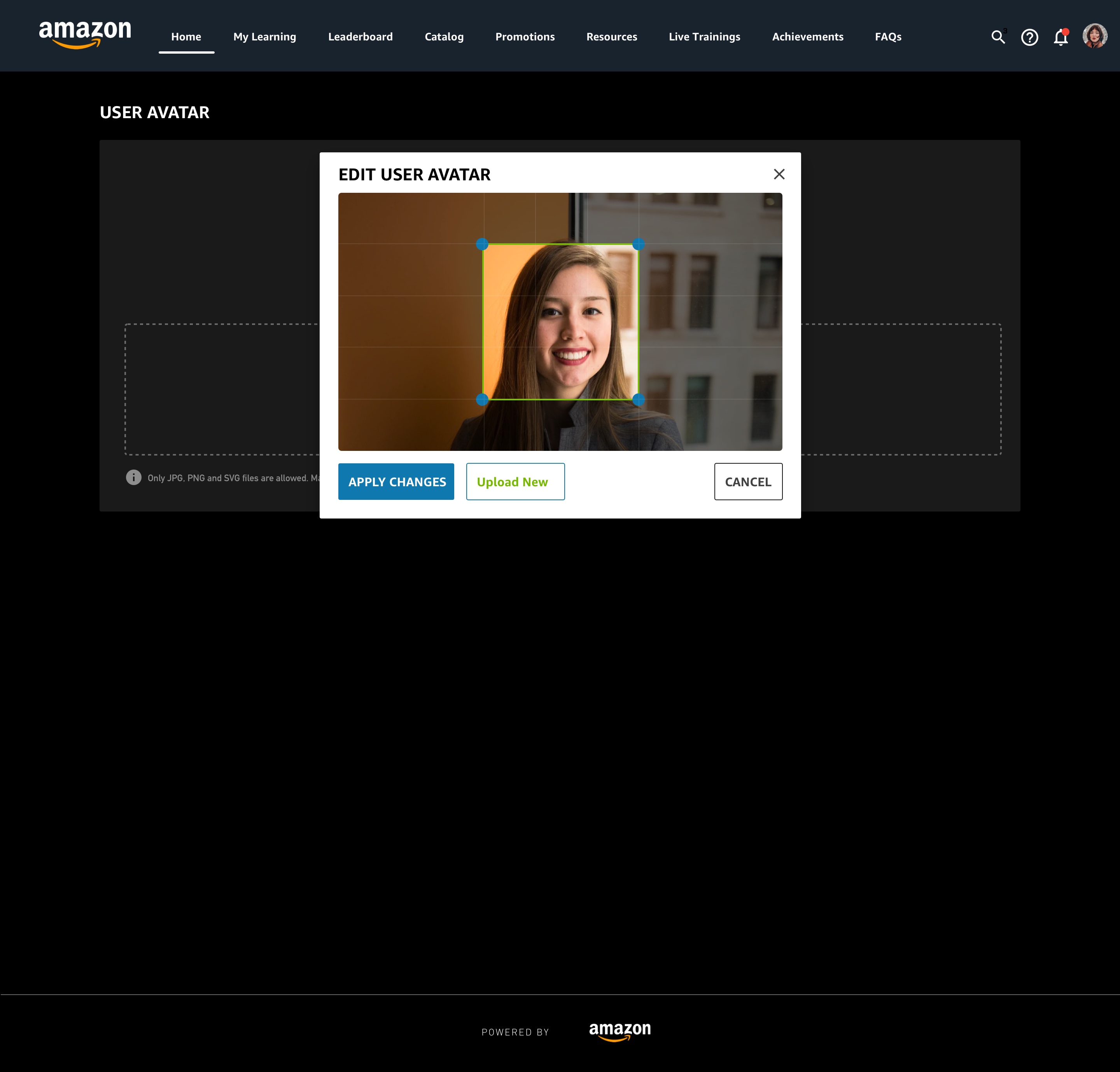Amazon Retail Partner LMS — User Settings Avatar Crop