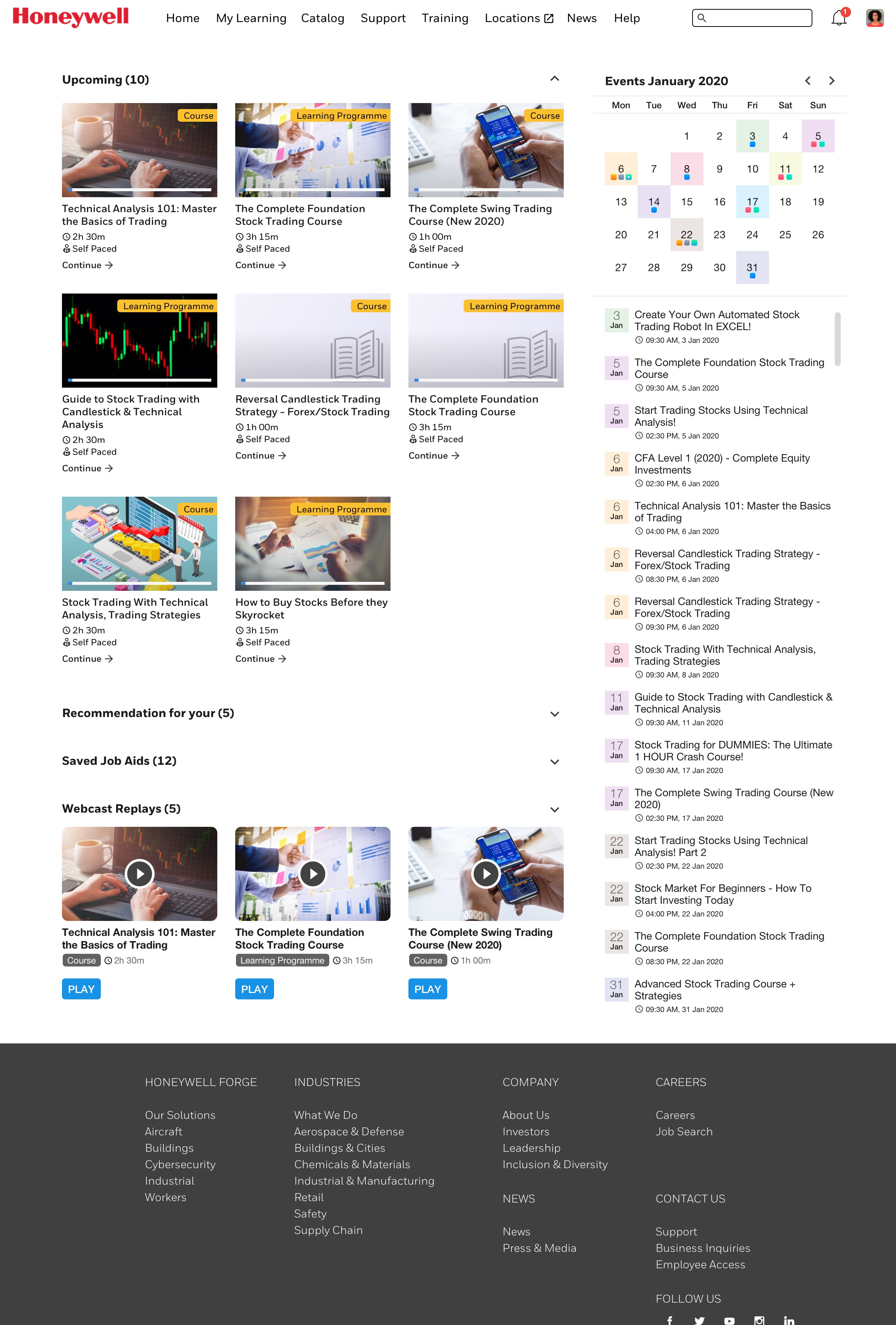 Honeywell Learning Experience — Calendar