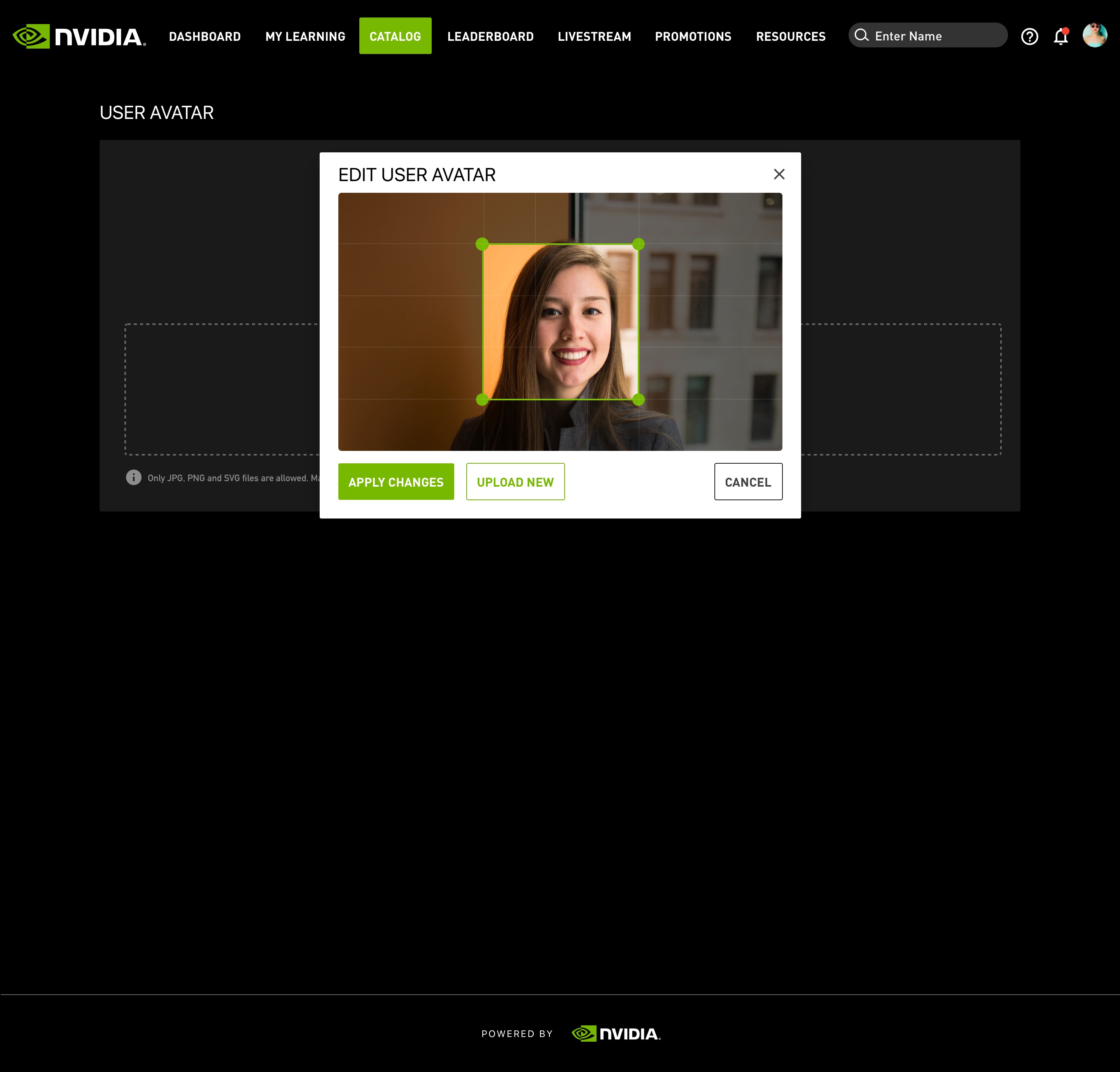 NVIDIA Livestream Learning & Gamification — User Settings Avatar Crop