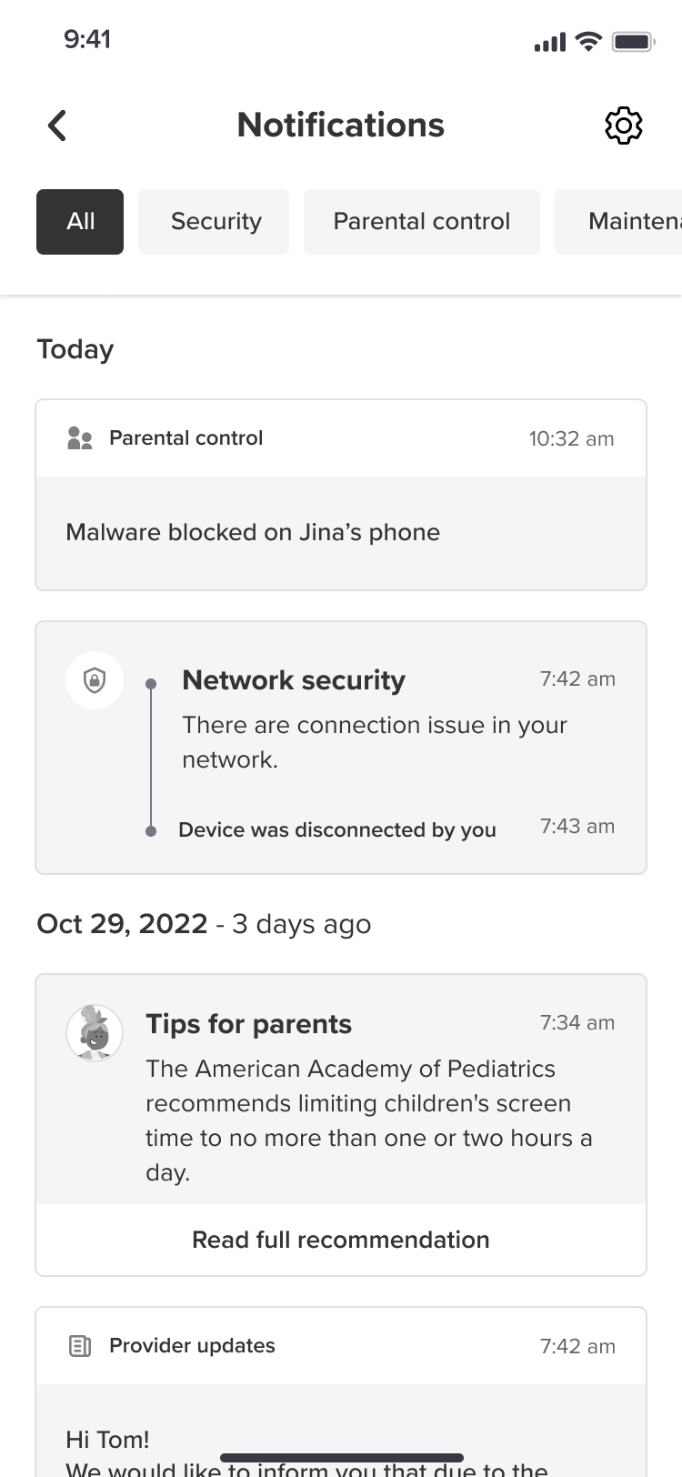Categorized Notification Center Wireframe